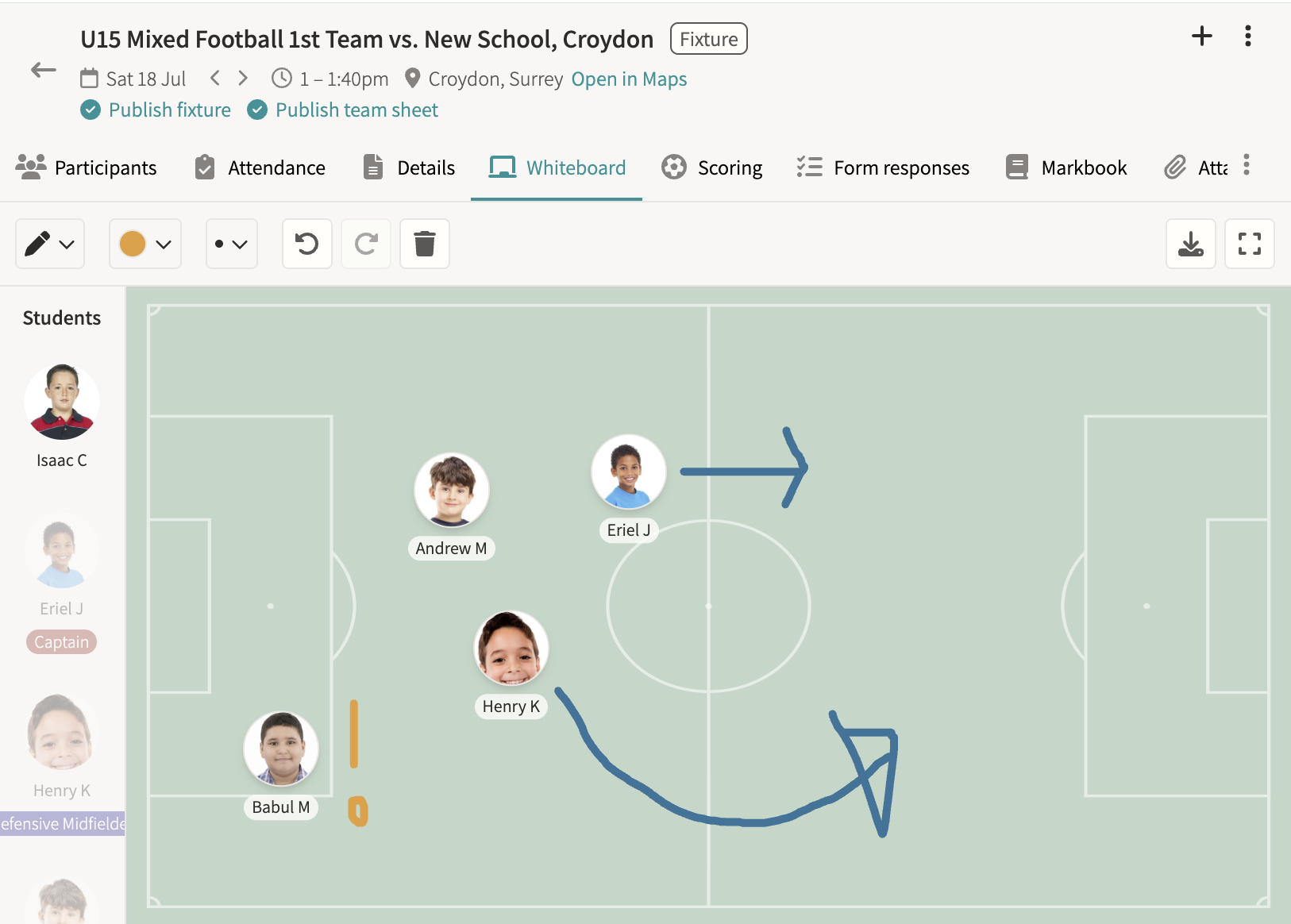 Involve fixture whiteboard showing a football team sheet and tactics board