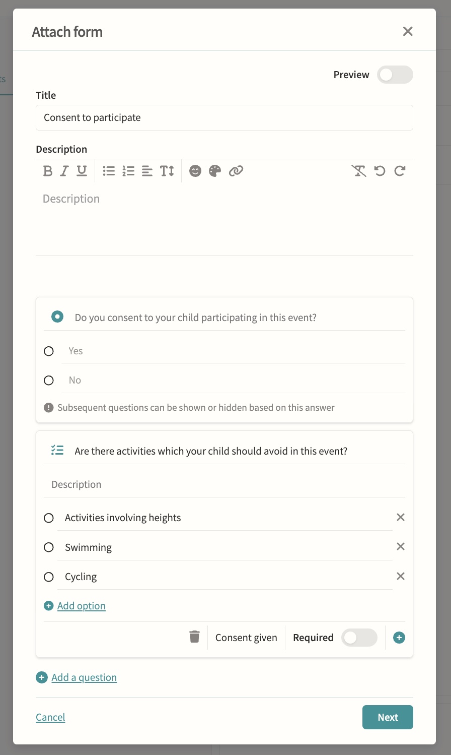 Parent and student forms screenshot