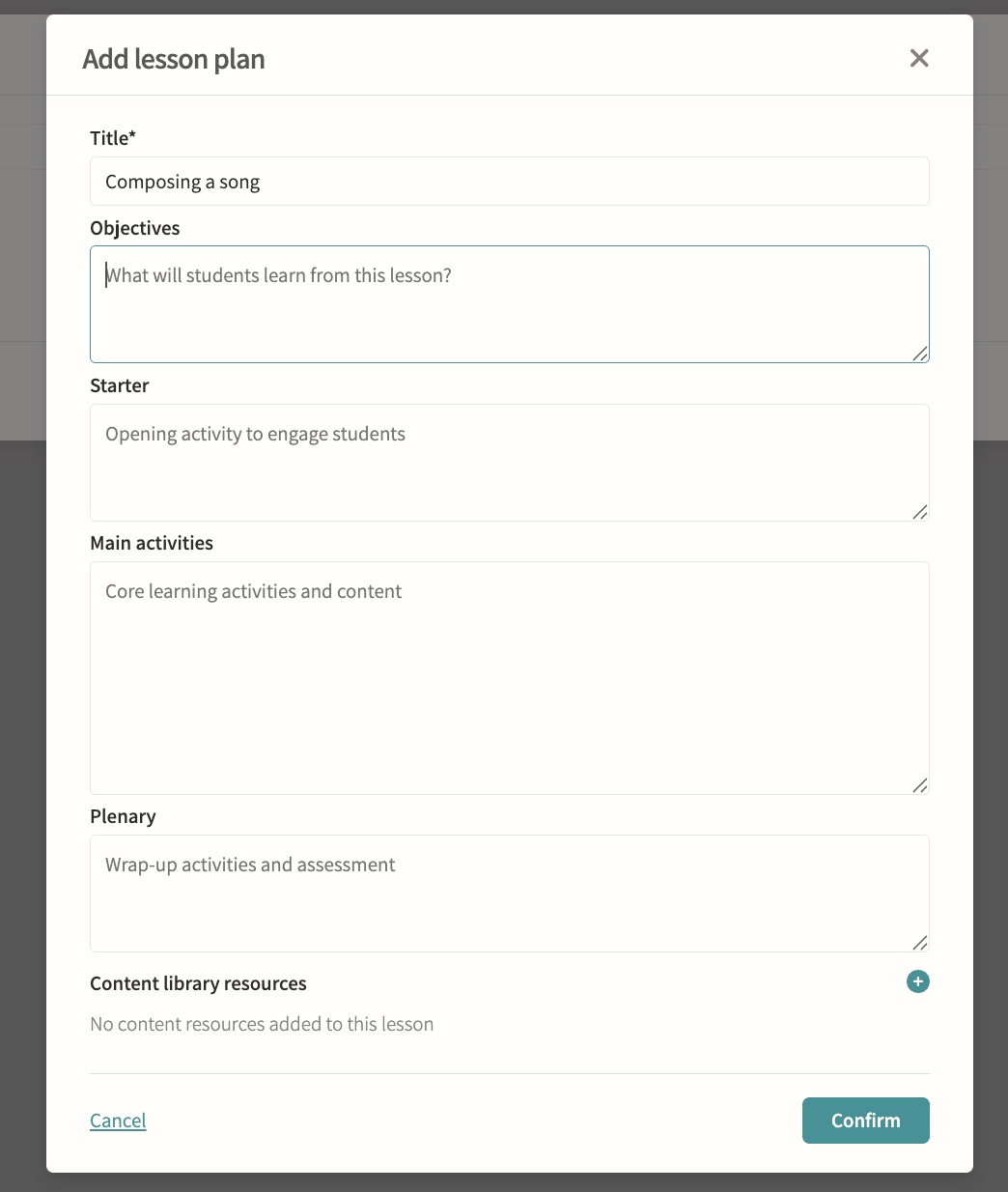 Lesson planning & content library screenshot