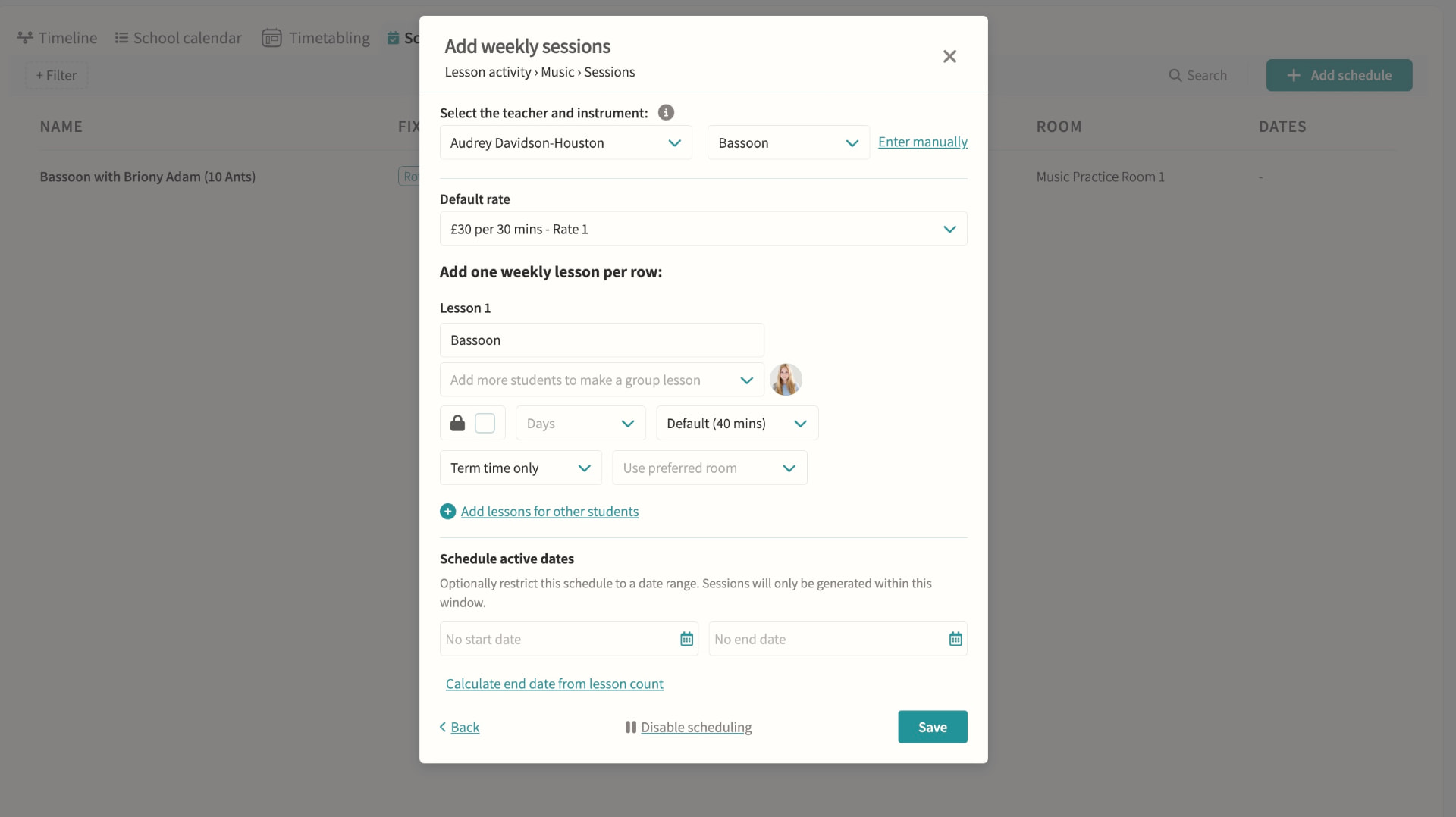 Music lesson scheduling screenshot