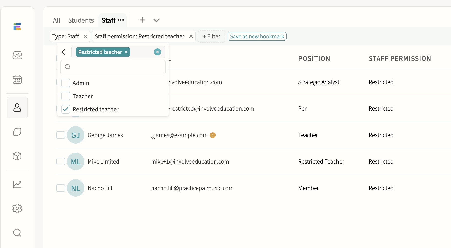 Staff users, including peripatetic/restricted teachers screenshot