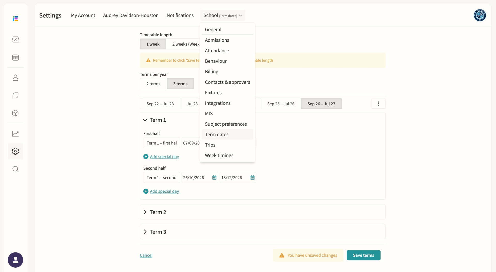 Term dates & important dates screenshot