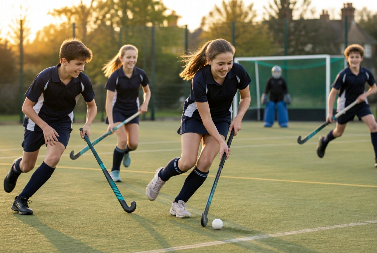 Children playing hockey at an after-school sports session
