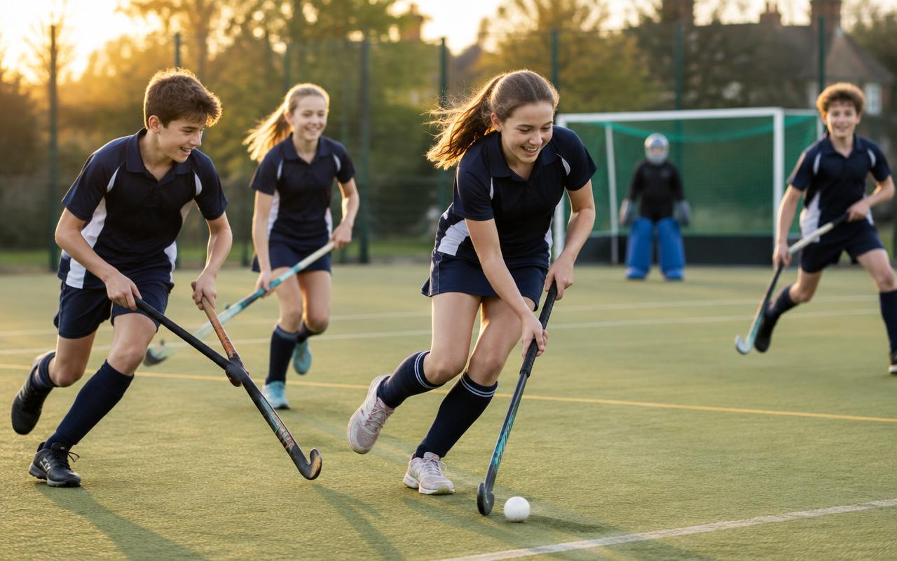 Children playing hockey at an after-school sports session