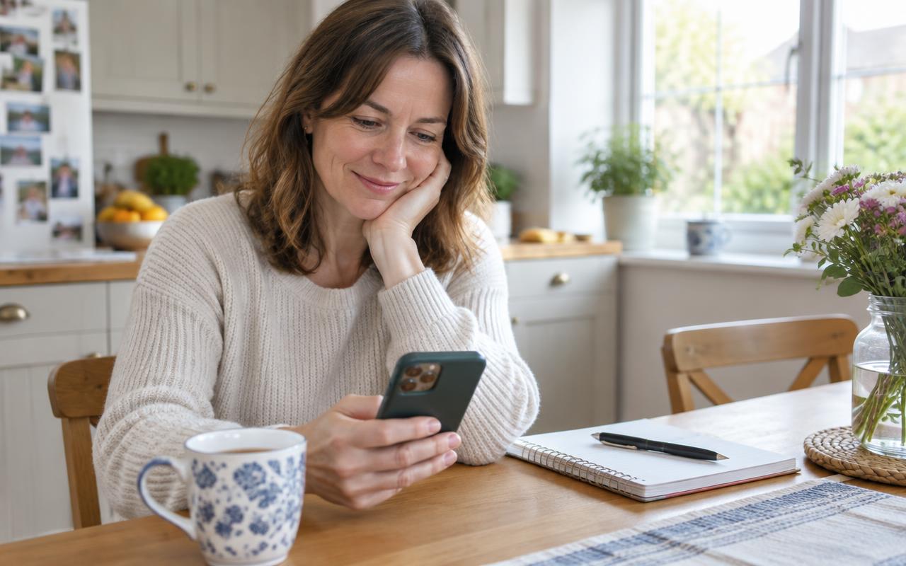 A parent calmly checking her phone over a cup of tea