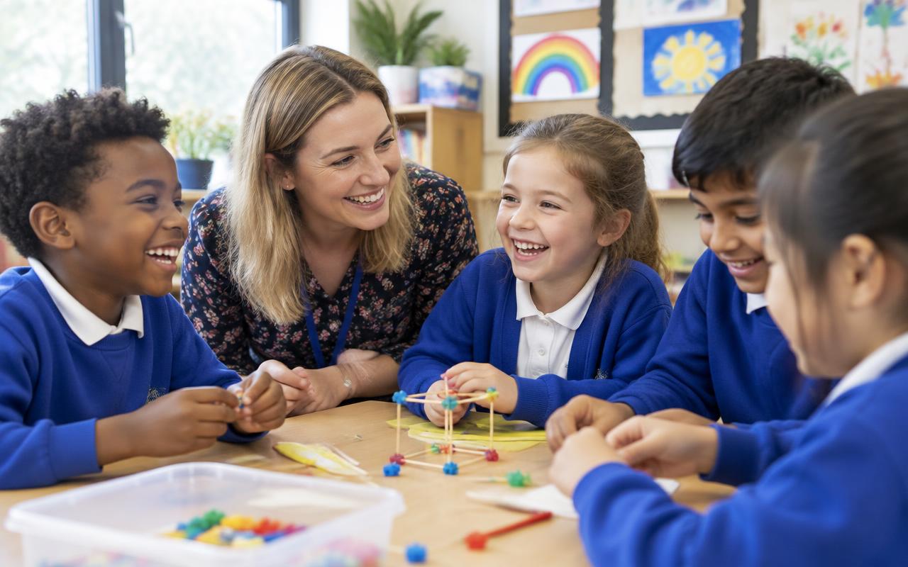 A teacher laughing with a small group of pupils in class